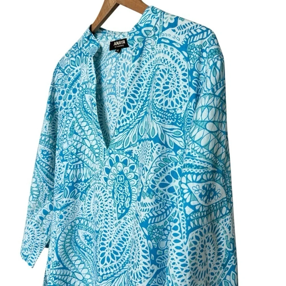 ANAYA Women's XL Blue Paisley Tunic Dress V-Neck Long Sleeve Casual Cotton Beach - Picture 3 of 12